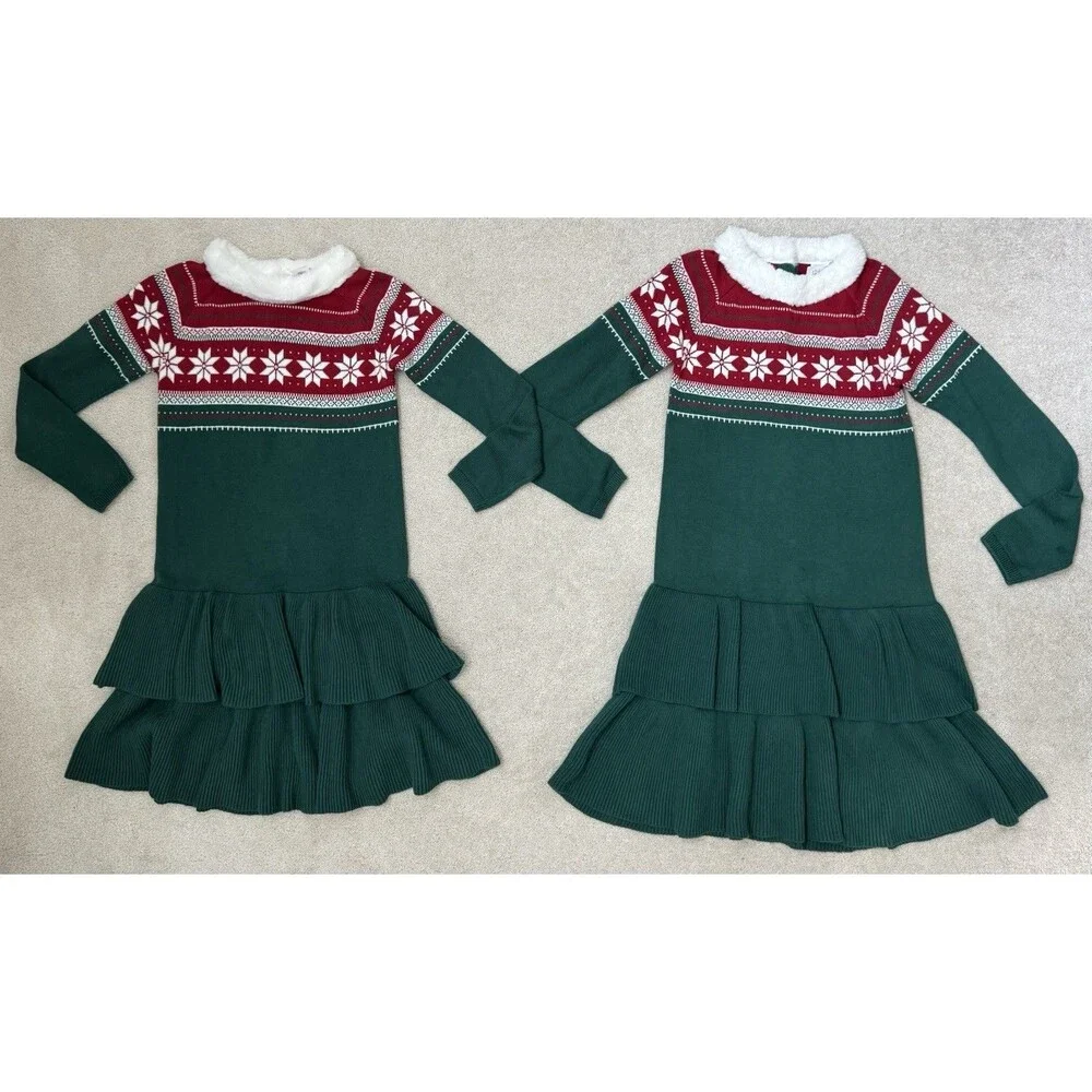 Gymboree Holiday Knit Sister Match Dresses 100% Cotton Green/Red Size 10 & 12
